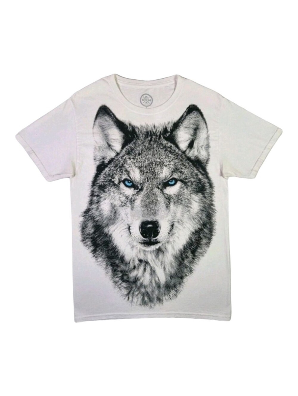 DOM Retro Big Face Wolf Graphic Tee White Piercing Blue Eyes T-Shirt Small